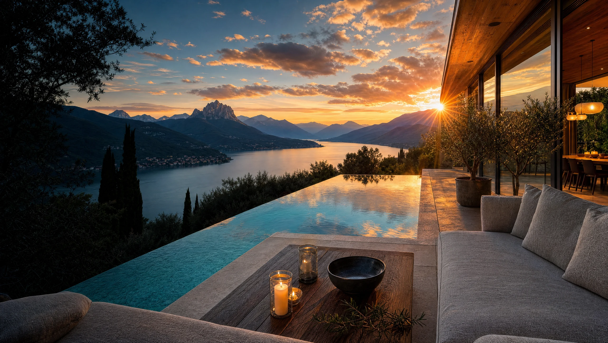 Terrasse d'une villa dominant un lac alpin au coucher du soleil, piscine à débordement et salon d'extérieur