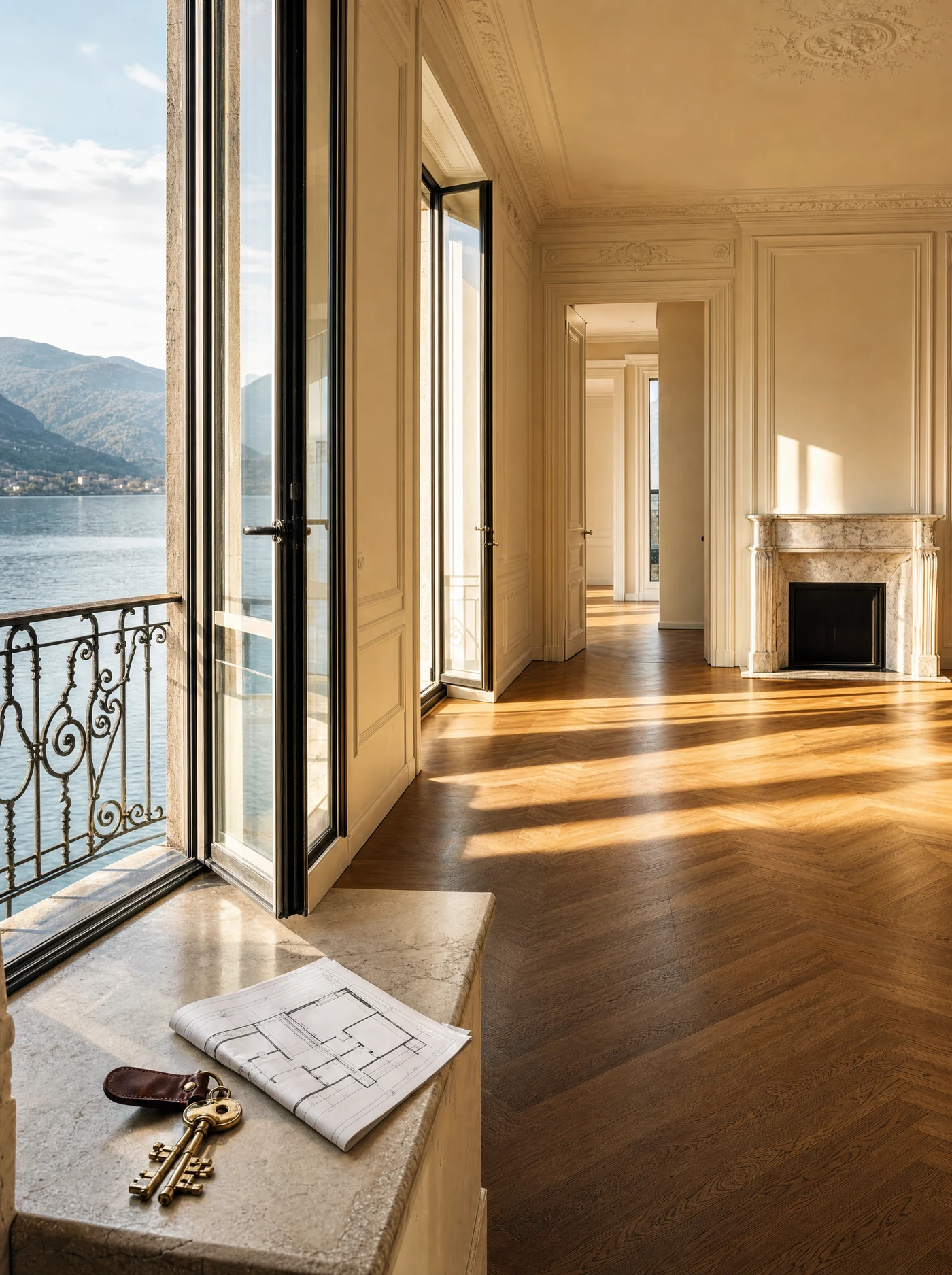 Visite d'un appartement ancien au bord du lac : clés et plan posés sur le rebord d'une porte-fenêtre
